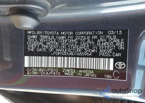2013 Toyota Prius Two z USA, uszkodzony, nr VIN JTDKN3DU8D1665964
